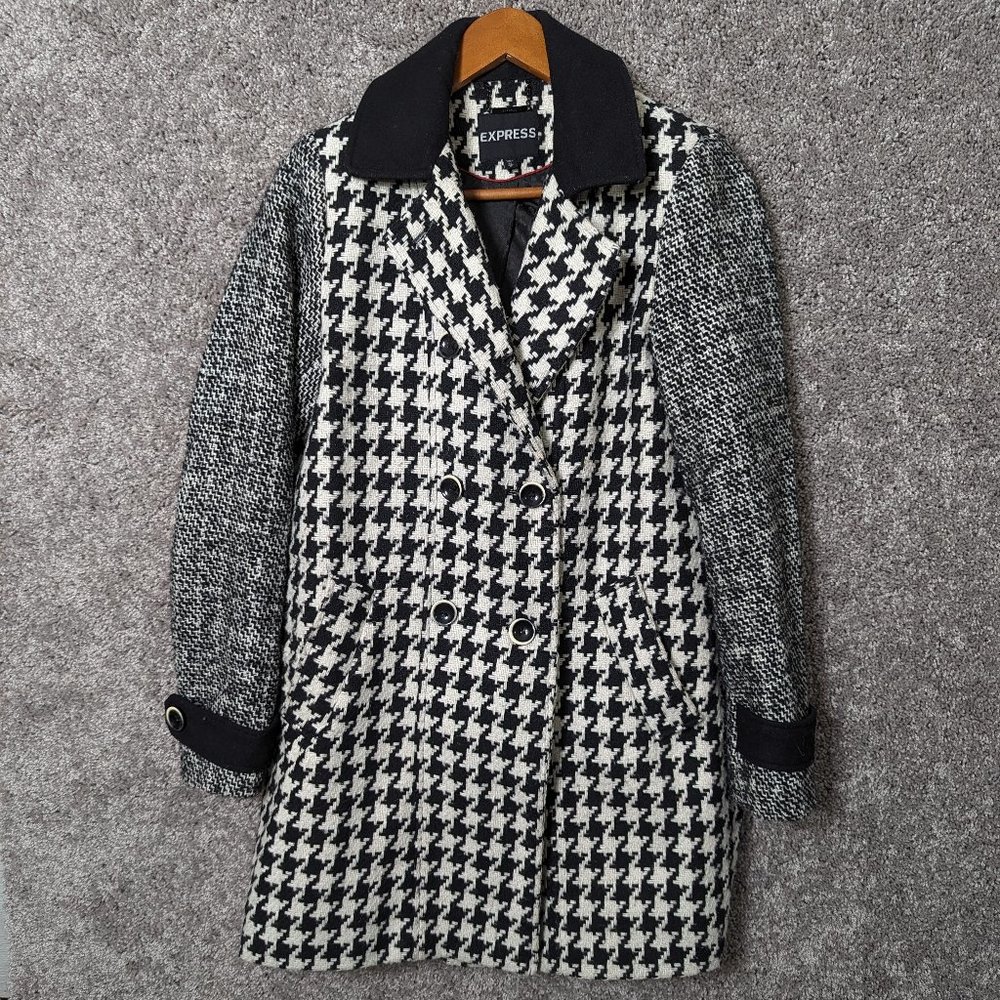 Express Womens Wool Blend Houndstooth Black White Double Breasted Peacoat